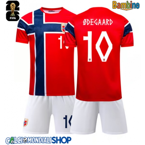 Maglie da calcio Norvegia Martin Odegaard #10 Prima Maglia Bambino Mondiali 2026  Manica Corta + Pantaloni corti)